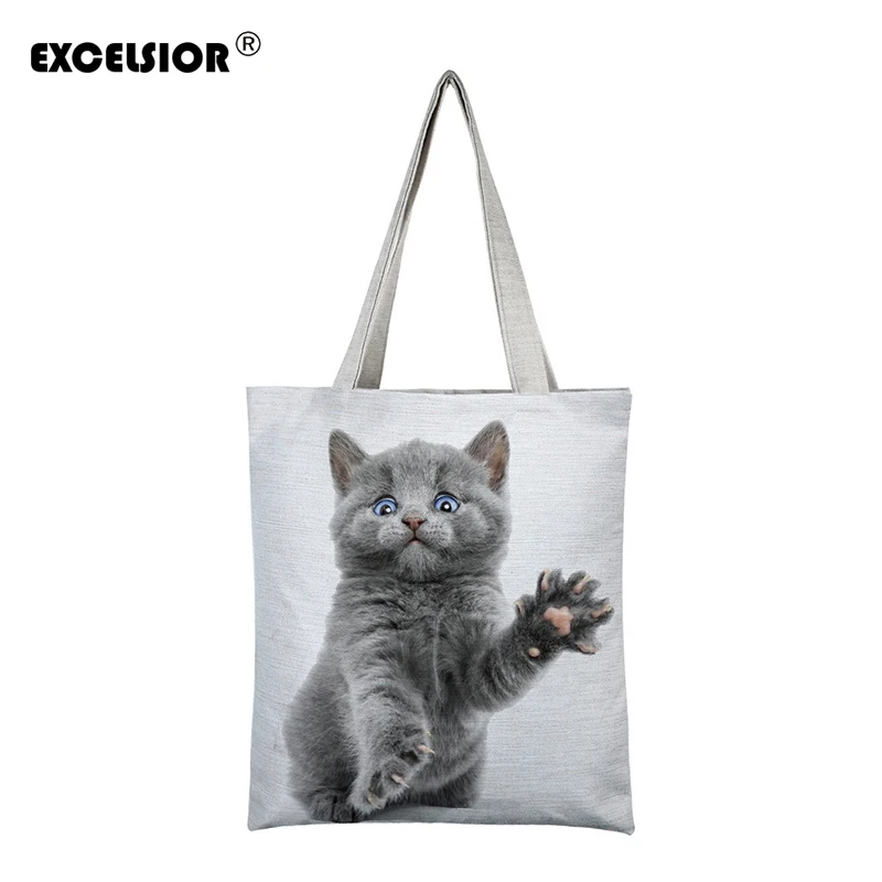 

EXCELSIOR Women Canvas Handbag Cartoon Cat Printed Shoulder Handbag Bolsa Feminina Canvas Tote Shopping bag sac a main Beach Bag