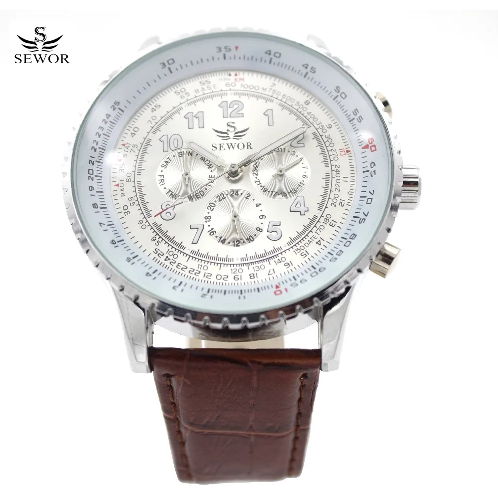 

SEWOR Man 6 Hands Automatic Watch Men Brown Leather 50MM Big Silver Case White Male Business Wrist Watches Relogio Masculino