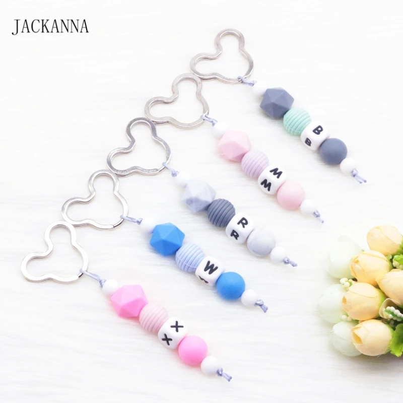 

Personalized Name Silicone Baby Teether Chain with Metal Bear Key Ring, Mommy Dad Key Chain for Baby Chew, Infant Toys BPA FREE