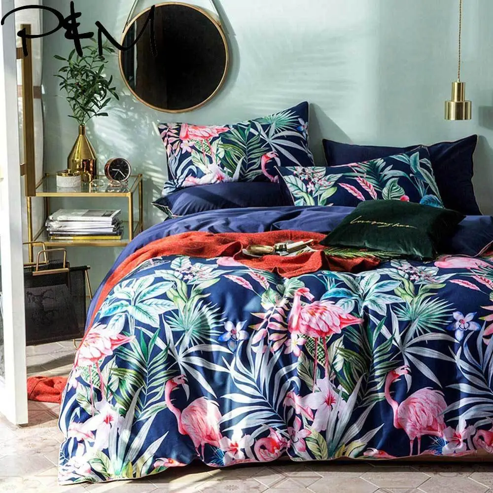 

Papa&Mima Leaves and flamingos print Egyptian cotton Queen size Luxurious bedding set duvet cover flat sheet pillowcases