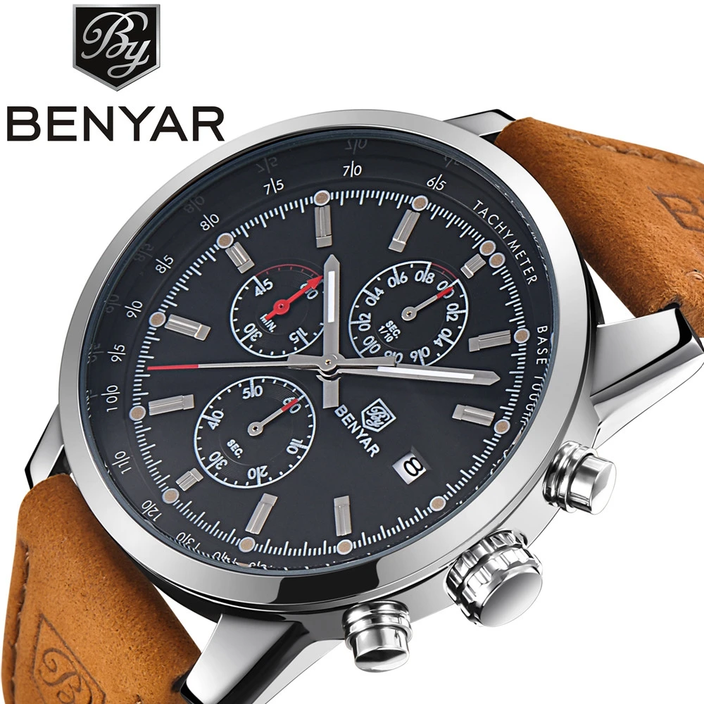 Prix pour 2017 New Original BENYAR Top Vente Chronographe Hommes de sport montres bande de Cuir Véritable Quartz-montre-Bracelet Montres hommes horloge Prix pour 2017 New Original BENYAR Top Vente Chronographe Hommes de sport montres bande de Cuir Véritable Quartz-montre-Bracelet Montres hommes horloge