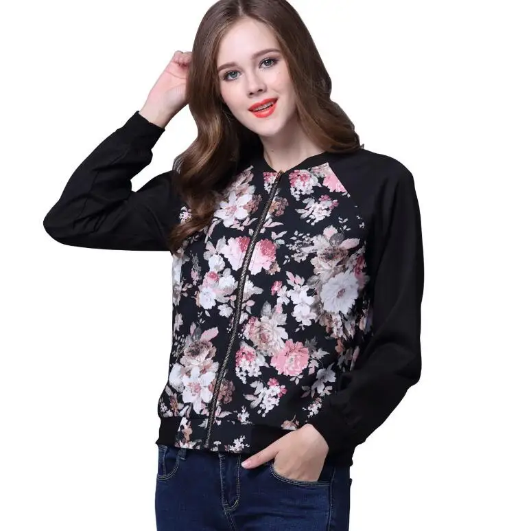 Fashion Women Casual Jacket Outerwear Stand Collar Floral