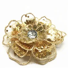 8 см вышивка 3D Золотой цветок головы пришить патч блесток отделка из сетки, кружева Многослойные отделка для свадьбы аппликации платье