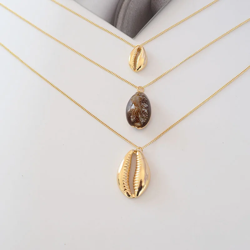 

WHOMEWHO Gold Metal Triple Layers Chain Sealife Seashell Natural Sea Snail Conch Necklace Korean Fashion Summer Jewelry