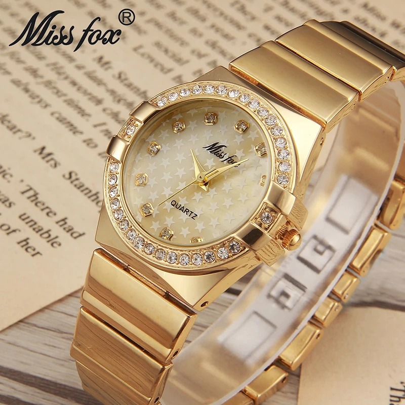 MISSFOX Gold Watch Fashion Brand Rhinestone Relogio Feminino Dourado Timepiece Women Xfcs Grils Superstar Original Role