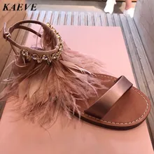 Summer Women Sandals 2017 Fashion Bohemia Women’s Shoes Ankle Diamond Feather Strap Sandalias Flat Satin Sandal