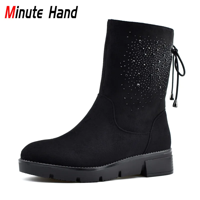 

Minute Hand Autumn Winter Flock Leather Plush Women Boots Side Zip Platform Wedge Heel Back Bow Tied Fashion Crystal Ankle Boots