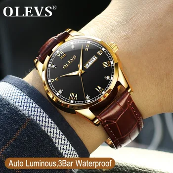 

2019 OLEVS Mens Watches Leather Luxury Waterproof 24 Hour Date Quartz Watch Male Rhinestone Sport Wristwatch Relogio Masculino