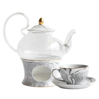 

Nordic Style creative marbled ceramic glass flower teapot set afternoon tea set herbal tea cup with candle heating base