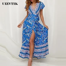 Vestido de verano para mujer 2019 Casual estampado Floral Boho playa vestido Maxi vestidos elegantes Sexy cuello en V profundo partido largo vestido de fiesta(China)