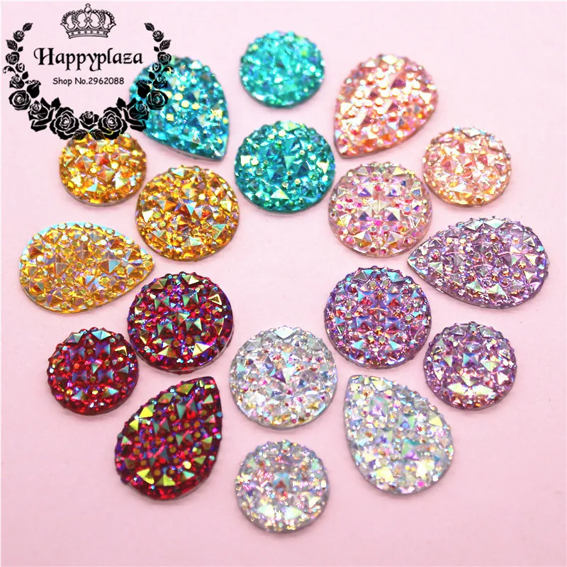 

12mm/14mm/13*18mm Round/Teardrop Bling AB Colorful Resin Rhinestone Flatback Cabochon Stone DIY Wedding Decoration Crafts