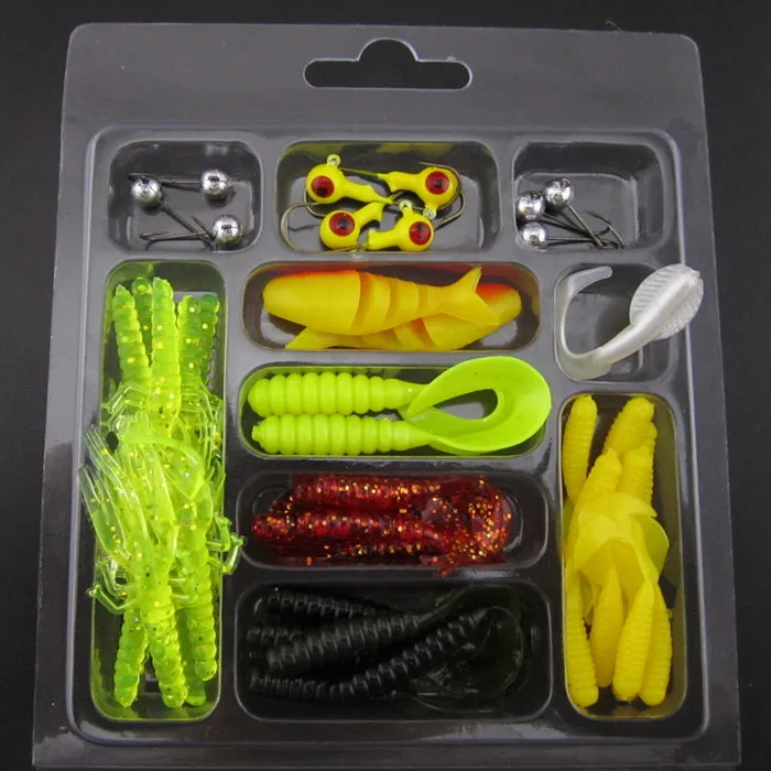Hot Sale!35pcs soft bait 10pcs lead head hook in one set soft fishing