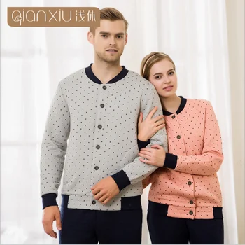 

2020 Autumn Winter Couples Casual Polka dot Pajama sets Male Cotton Velvet Sleepwear suit Men Long sleeve Cardigan Coat & Pants