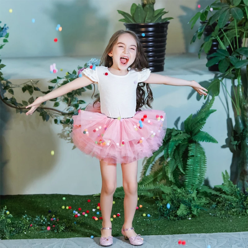 Buenos Ninos Baby Girls Fluffy 8-Layers Ballet Dance Pettiskirt Girl Princess Tulle Skirt With Pompom Puff Balls For 1-6T10