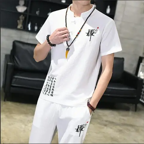 Летняя хлопковая Льняная мужская футболка с короткими рукавами и завязками на лямках, длинные штаны в китайском стиле, Мужской комплект из двух предметов, Азиатский размер - Цвет: Белый