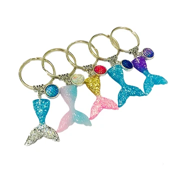 

10pcs/lot Glitter Mermaid Tail KeyRing 35mm Diameter Circle Split Key Rings Key Chain Mermaid Fish Scale Pendant As Pave Jewelry