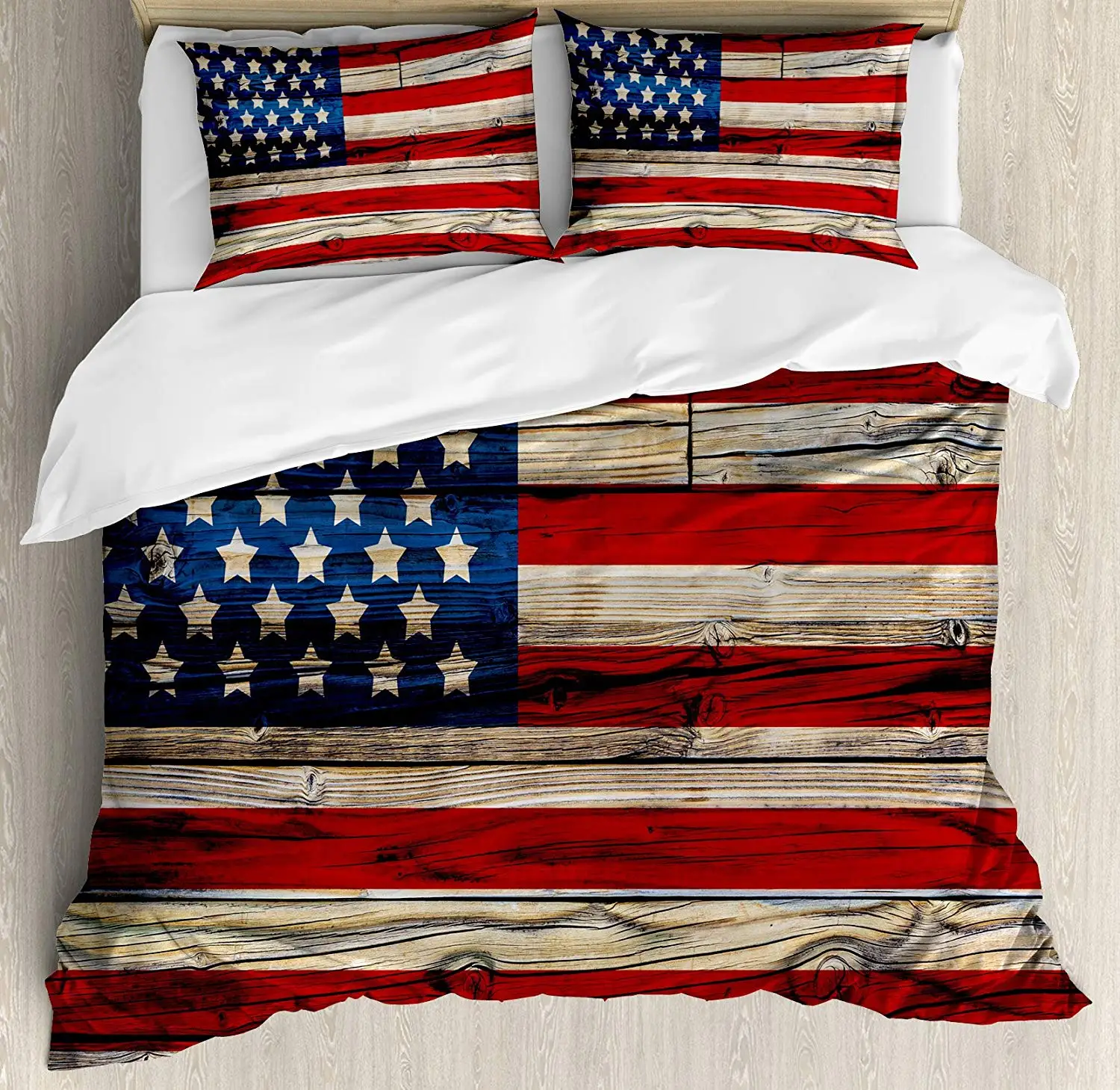 

4th of July Duvet Cover Set Queen Size Wooden Planks Painted as United States Flag Patriotic Country Style Decorative 4 Piece