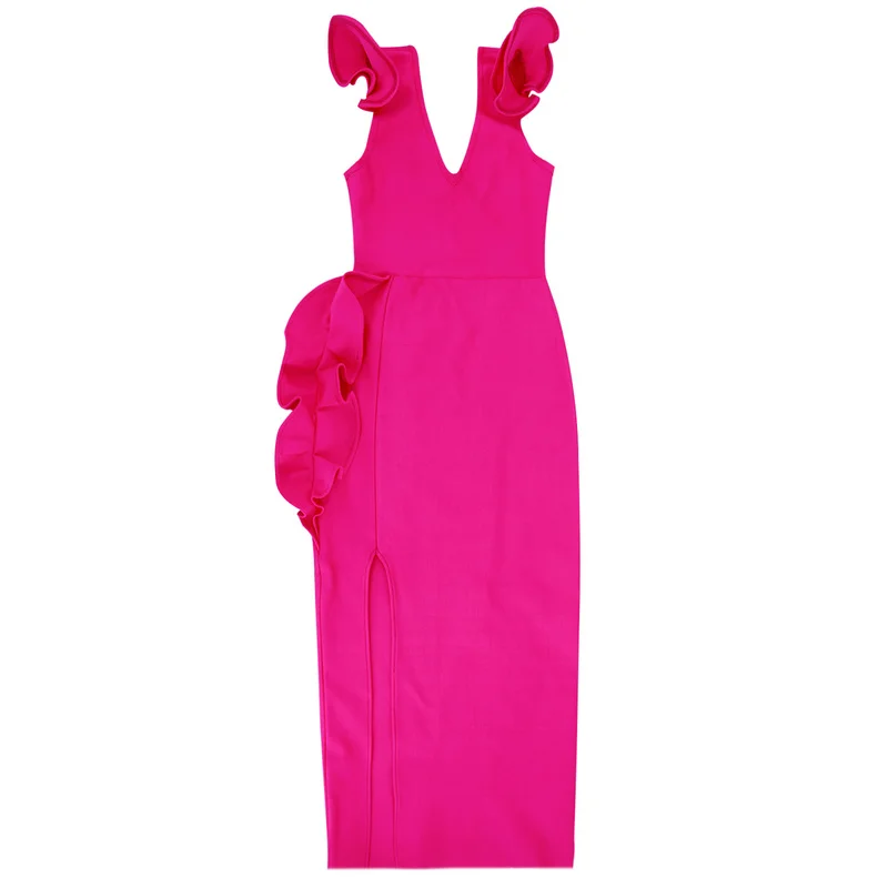 Leger Babe HL вечернее платье для вечеринки для женщин экстремальное с высоким разрезом с оборками, v-образным вырезом, ярко-розовое, с открытой спиной, с глубоким вырезом, сексуальное облегающее платье Макси