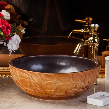

Free shipping bathroom Ceramic counter top sinks Round hand painting art basin ceramic wash basin countertops leaves carved