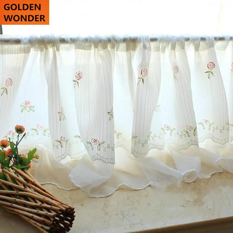 

New Arrival Kitchen Curtain Coffee Double Layer Curtain Flower White Blind Balloon Curtains Tulle Roman Curtains Home Decor