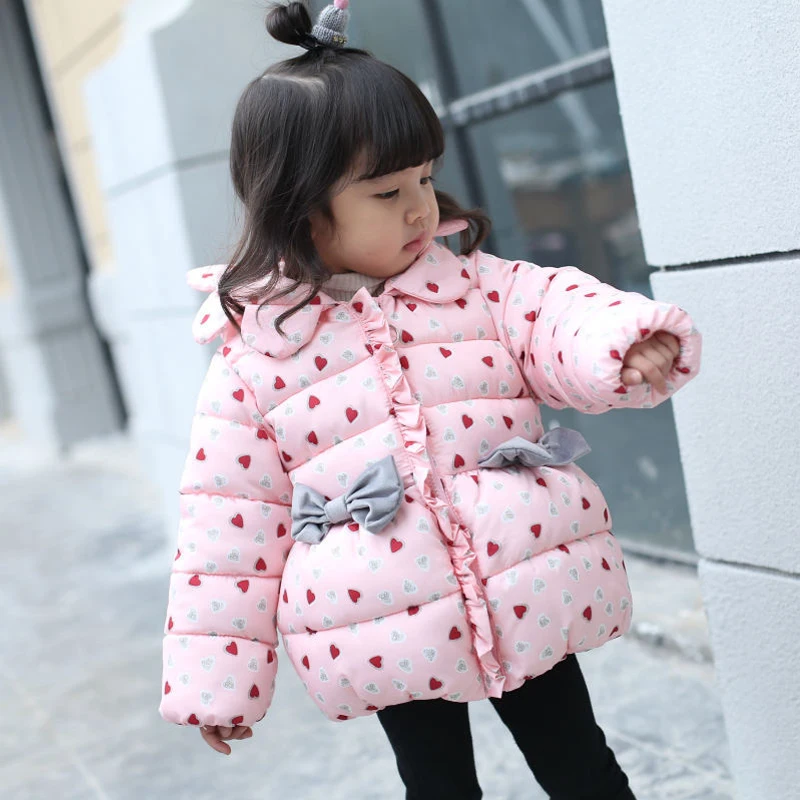 

Toddler Baby Girls Winter Coat Fashion New Printed Jacket Autumn Hooded Parkas With Bow Children's Cotton-padded Coats JF249