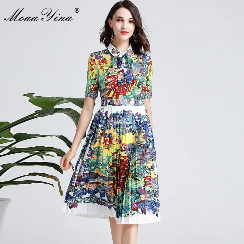 

Moaa Yina Fashion Designer Runway dress Summer Women Dress Short sleeve totem Floral-Print Beading Elegant Pleated Dresses