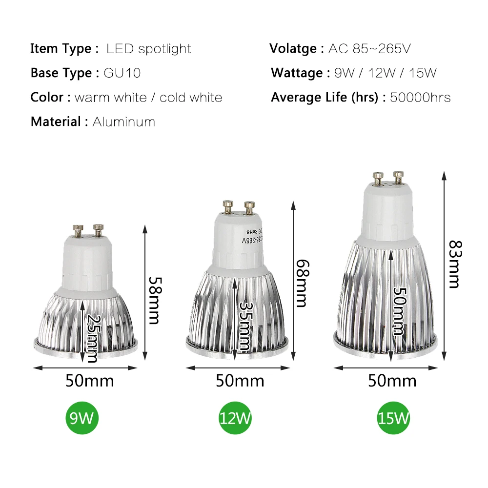 10 шт. GU10 Светодиодный светильник с регулируемой яркостью, 9 Вт, 12 Вт, 15 Вт, высокая мощность, COB Точечный светильник, 85-265 в, теплый/холодный белый, заменить галогенную лампу 30 Вт/50 Вт/70 Вт