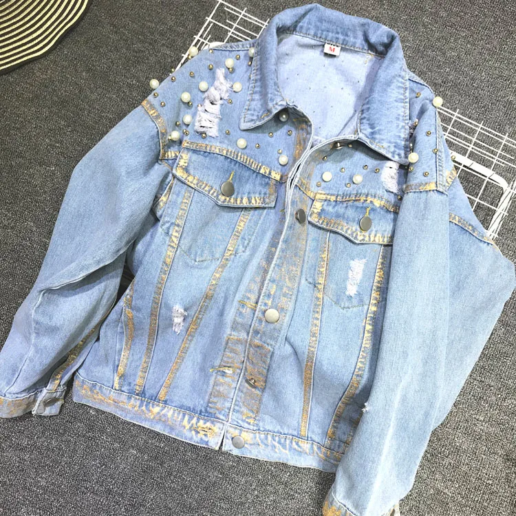 

2018 Spring BF Style Women Denim Jacket Pearls Beading Jeans Coat Loose Long Sleeve jeans jacket