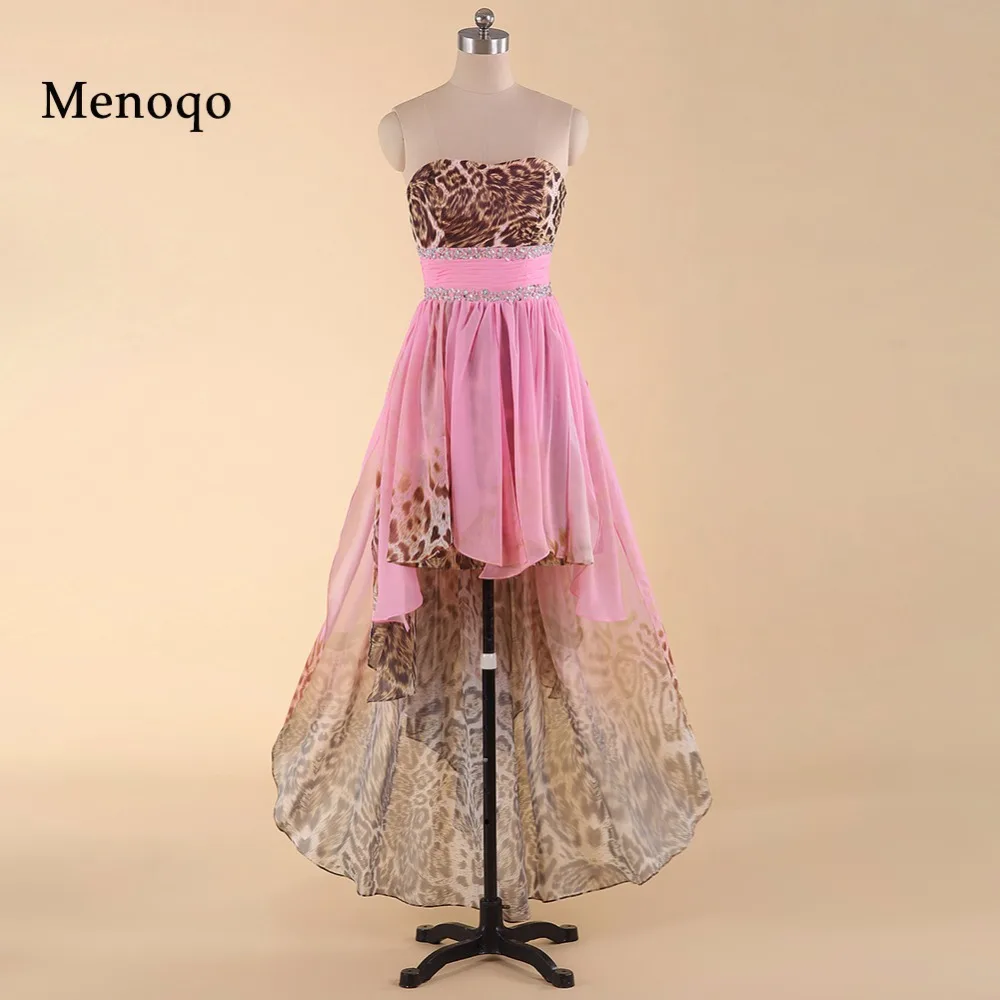 

Printed Leopard Pink High Low Prom Dress New Gradient Colorful Cheap Dresses Ombre Chiffon Evening Dress Women Dress 2019