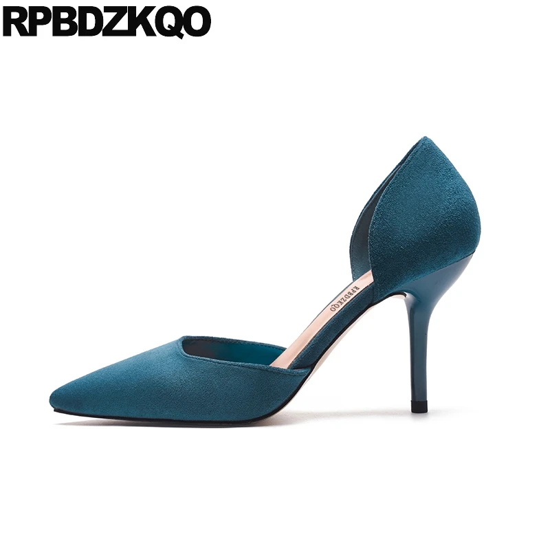 

Pointed Toe Korean Bridal Catwalk Blue Wedding Thin Closed Shoes 2018 Suede Red Sandals Size 4 34 Bride High Heels Navy Pumps