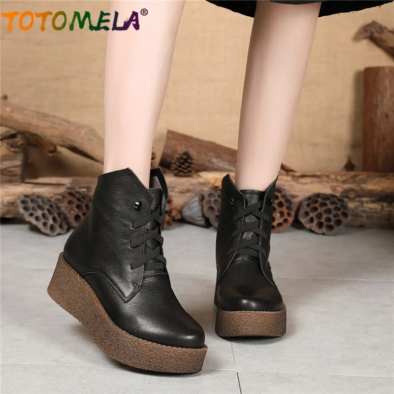 

TOTOMELA 2019 new autumn winter genuine leather ankle boots platform shoes round toe casual lace up ethnic women shoes