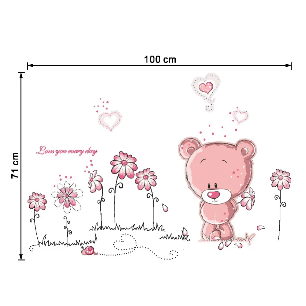 Cute Pink Cartoon Animal Love Bear Flower Baby Children Bedroom Room Decor Wall 