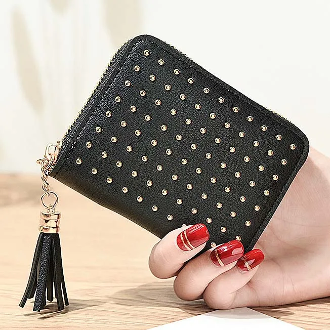 

Tassels Women Wallets Zipper Coin Purse Rivets Moneybags Lady Purses Girls' Short Wallet Cards ID Holder Burse Mini Bag Flaps