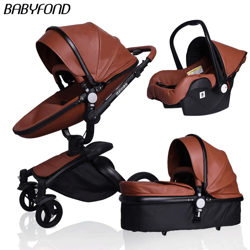 Роскошная детская коляска 3 в 1 для новорожденных, брендовая детская коляска из искусственной кожи, детское автокресло для безопасности, детское автокресло, люлька для новорожденных 0-3 лет, babyfond - Цвет: brown 3 IN 1