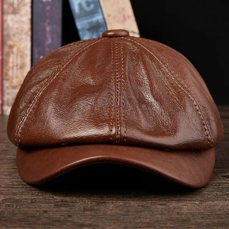 

Men's Visors Hats Cowboy Genuine Leather Hat Cap Adult Autumn Winter Warm Hats Students Fashion Tongue Octagonal Hat B-8807