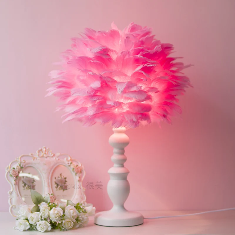 Modern pink white feathers table lamp bedroom bedside Hotel boutique