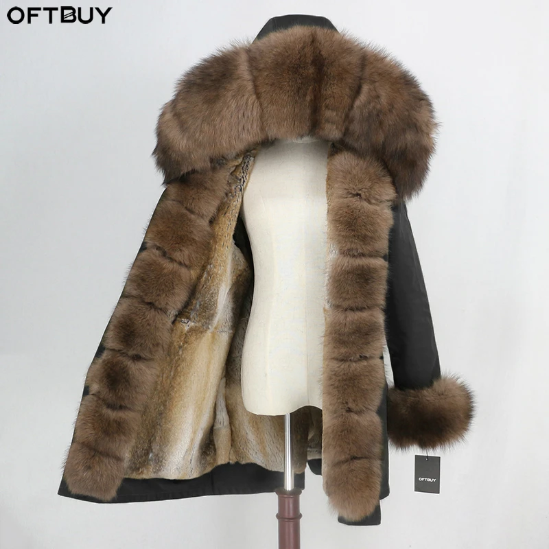 

OFTBUY Waterproof Parka Real Fur Coat Winter Jacket Women Natural Fox Fur Collar Hood Real Rabbit Fur Liner Warm Streetwear New