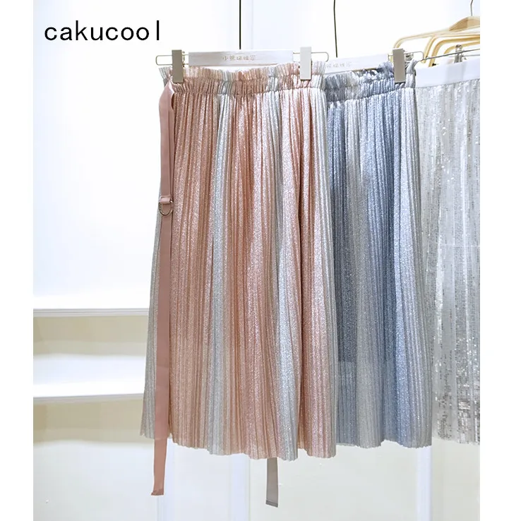 Cakucool новый корейский блестящим люрексом плиссированные юбки с поясом миди длинные цветная нашивка градиентные Юбки Лето