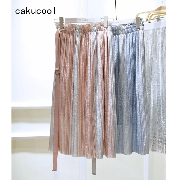 

Cakucool New Korean Shiny lurex Pleated Skirts Sashes Midi Long Color Patch Gradient Skirts Summer