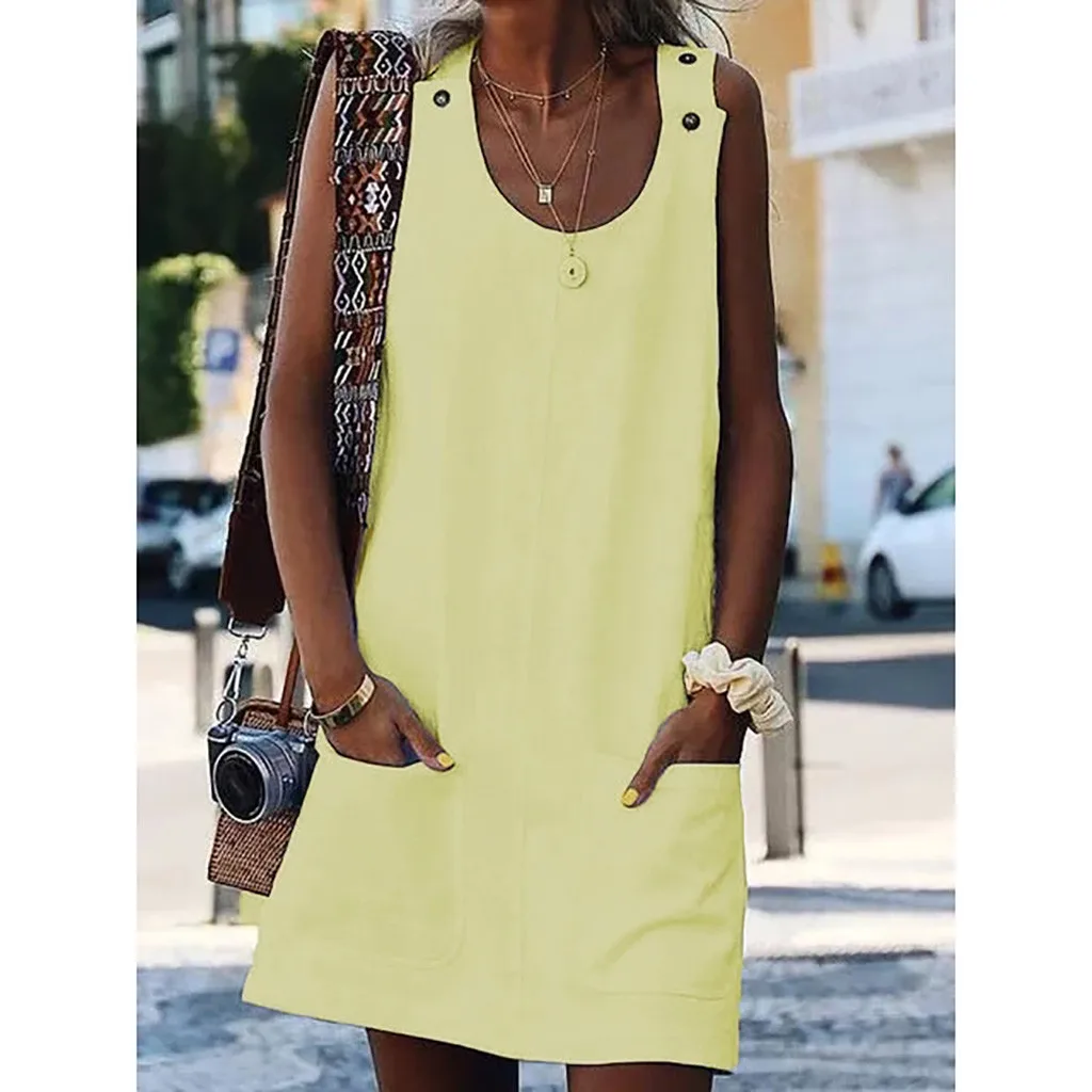 Dresses Crew Neck Casual Pockets Plus Size Women Dress Straight Loose Sleeveless Summer Straight Button Dress Sundress 5.22