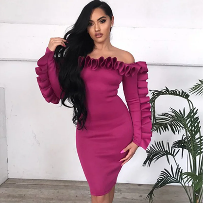 Vestido de fiesta con volantes y hombros descubiertos a la moda de la calle para Mujer Sexy Rosa manga larga vestido ceñido al cuerpo para Club Ropa Mujer XXL Vestido de fiesta con volantes y hombros descubiertos a la moda de la calle para Mujer Sexy Rosa manga larga vestido ceñido al cuerpo para Club Ropa Mujer XXL