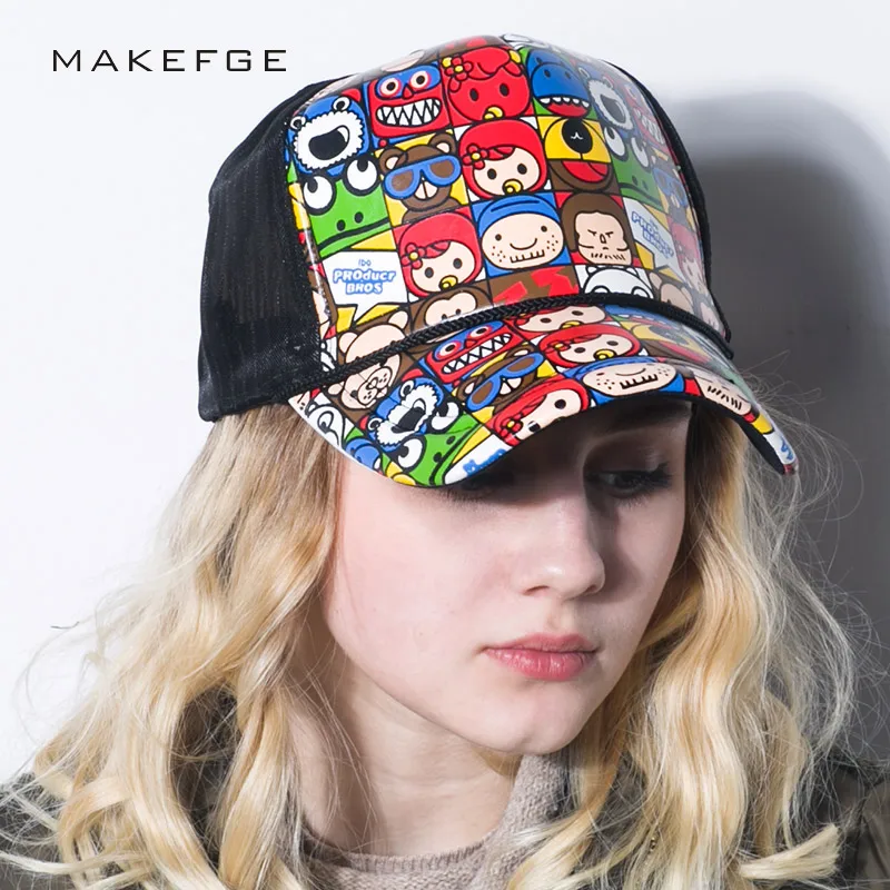 Women's Baseball Cap Men and Women Summer Buckle Cap Cotton Foam Mesh Breathable Truck Cap Cartoon Colored spring Summer cap