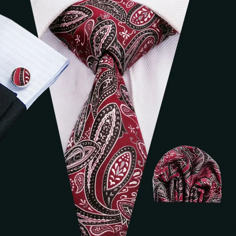 

LS-1552 Barry.Wang Classic Men`s Tie 100% Silk Red Floral Necktie Hanky Cufflink Set For Men`s Wedding Party Business