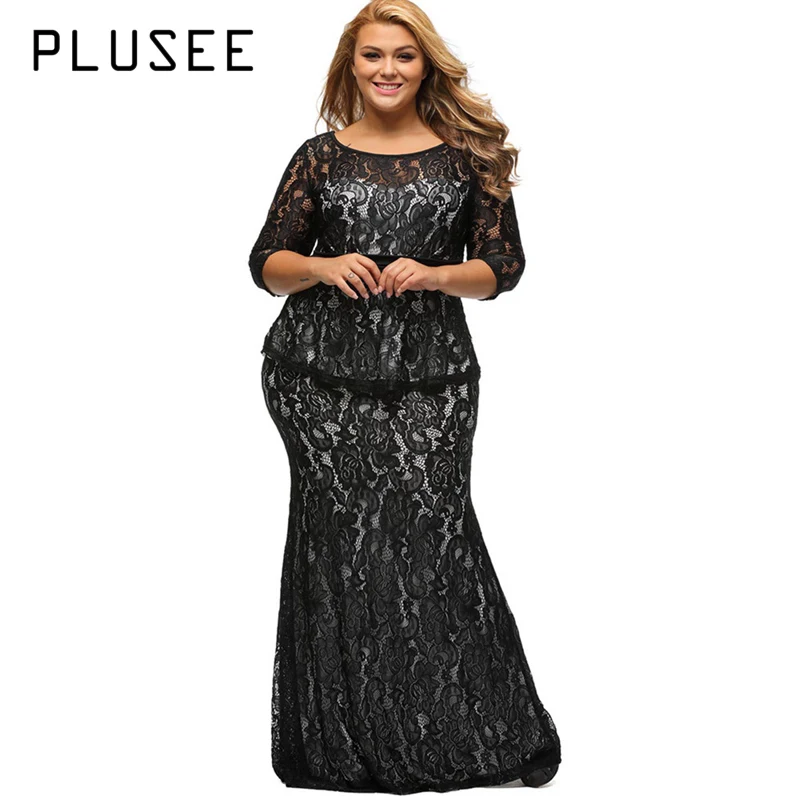 

PLUSEE Women Black Long Lace Dress Ruffle Three Quarter Sleeve O-Neck banquet dresses Plus Size Vestidos XL-5XL