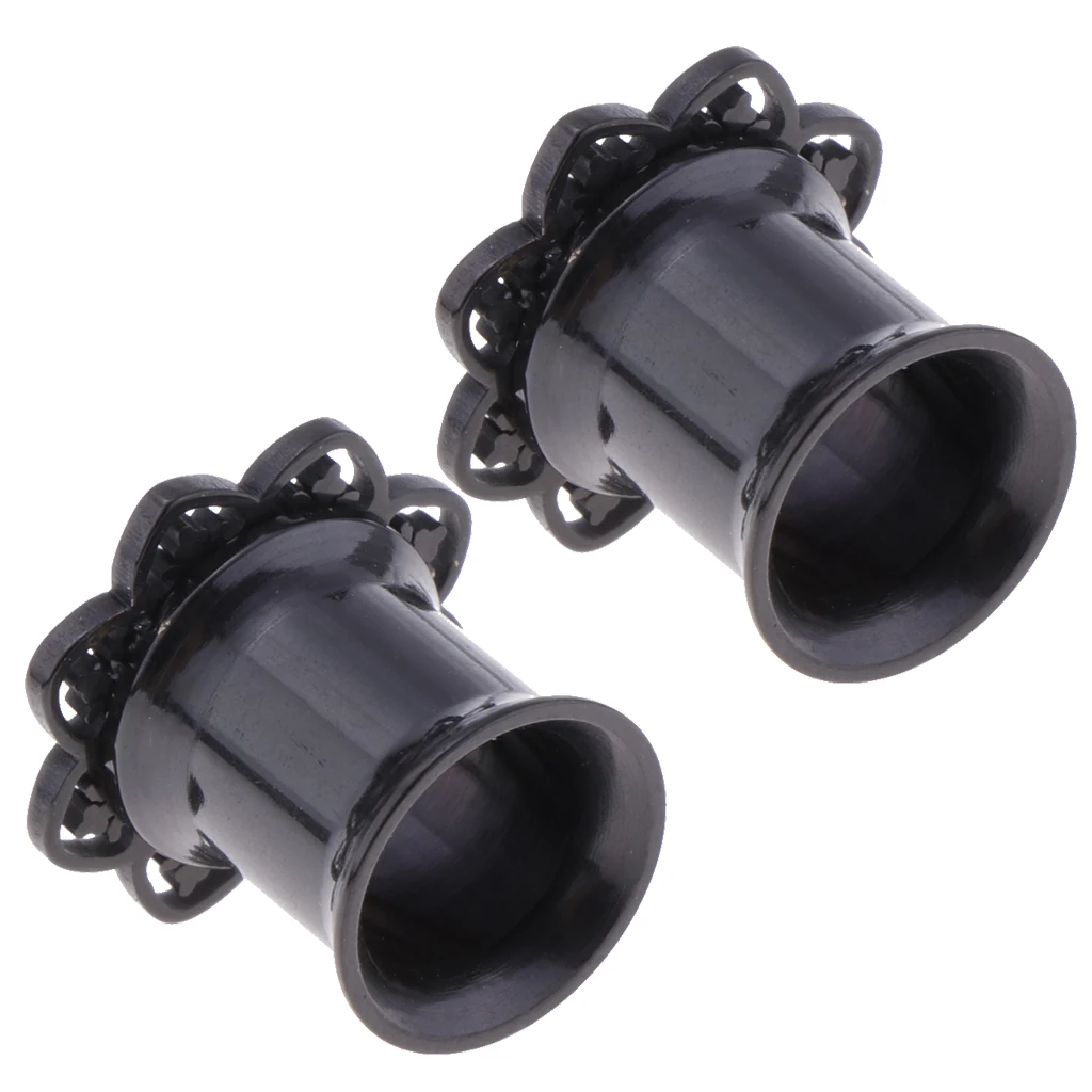 2Pieces Black Flower Stainless Ear Flesh Tunnels Flared Earrings Gauges 8mm