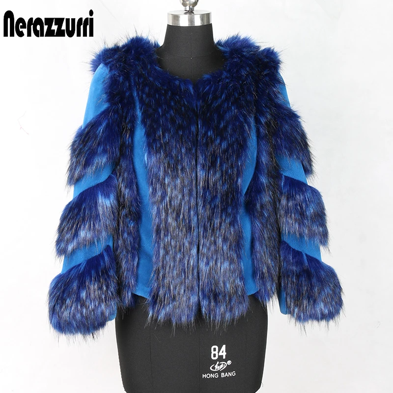 Nerazzurri Winter fox fur and rex rabbit fur color block patchwork fake fur jacket blue short warm big size faux fur coat women - Цвет: Blue