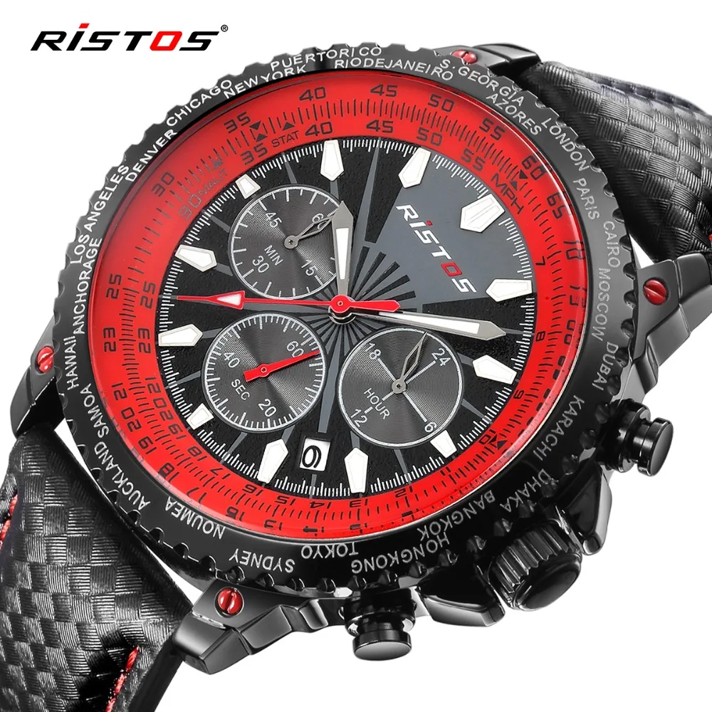 RISTOS Chronograph Men Watch Fashion Sport Quartz Watch Calendar Leather Mens Watches Top Brand Luxury Wristwatch