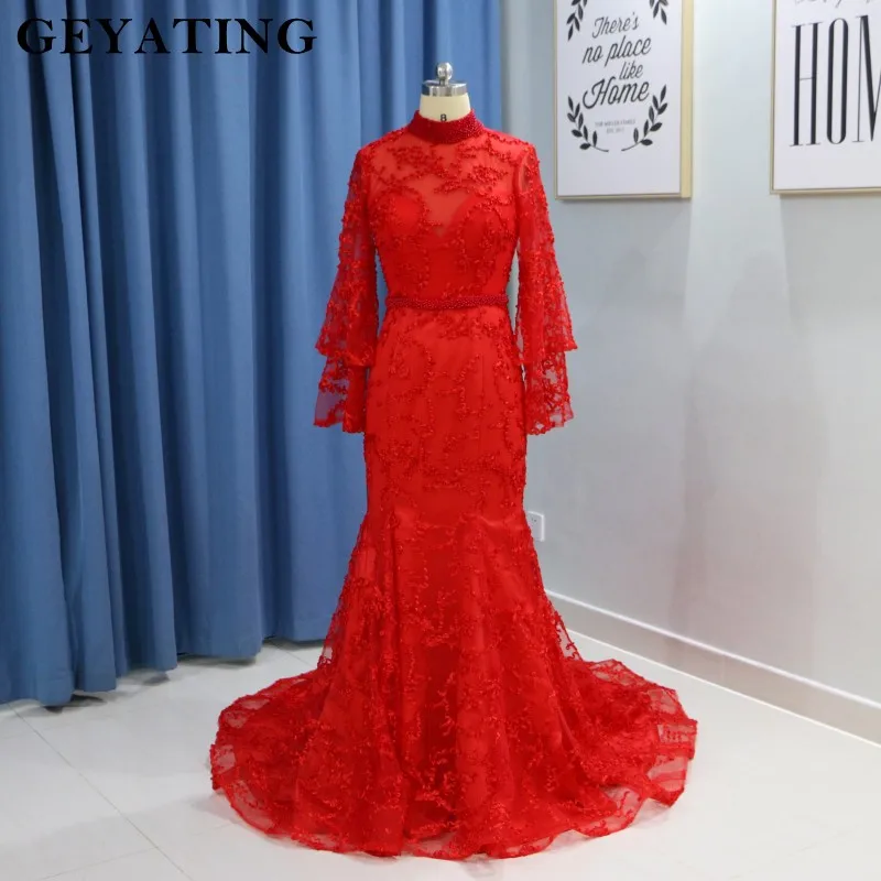 2019 Elegant Muslim Evening Dresses Long Sleeves High Neck Bead Arabic Red Lace Mermaid Prom Dress Dubai Women Formal Party Gown