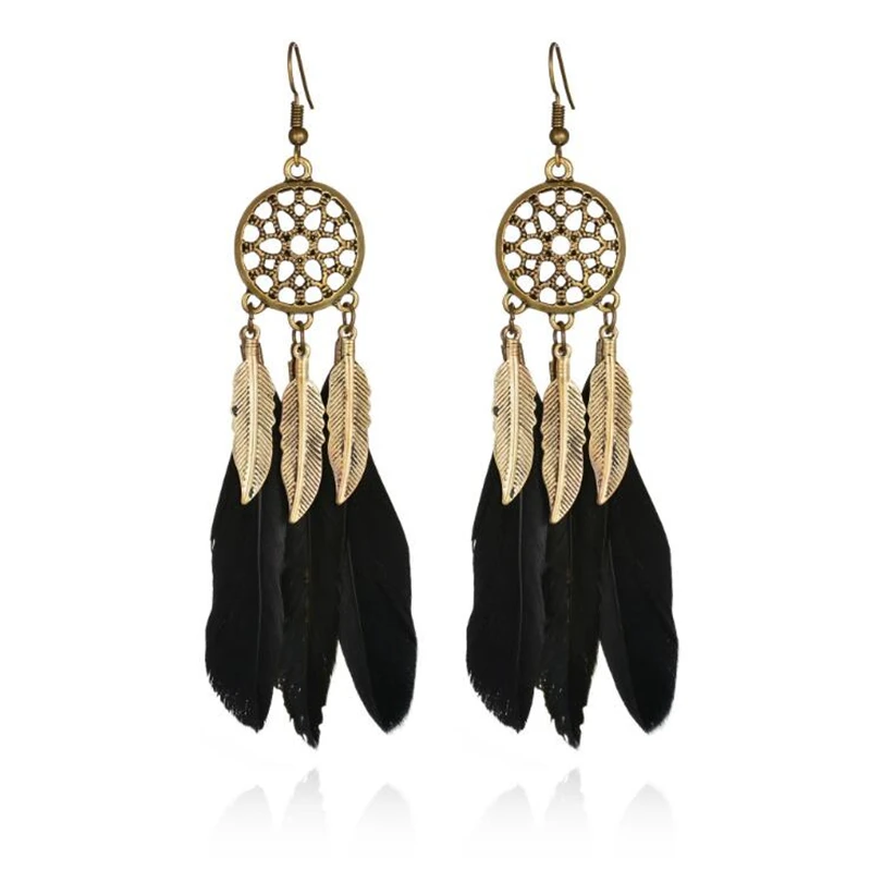 1Pair Women And Girl Feather Drop Earring Leaf Hollow out Vintage Bohemia Boho Feather Tassel Dreamcatcher