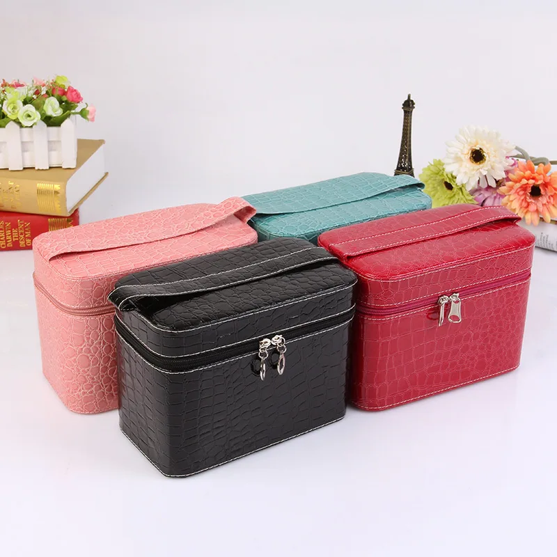 

PU Leather Square Makeup Storage Box For Women Storage Box With Mirror Jewelry Box Waterproof Zipper Bag Necessaries